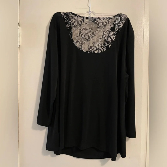 Susan Graver Black Pleated Cowl Neck Back Lace Panel Blouse Top 3/4 Sleeve Large - Picture 5 of 10